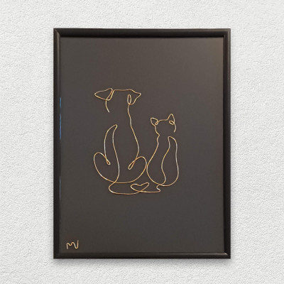Cat &amp;amp; dog, tablou sculptura din fir continuu de sarma placata cu aur, 19x25cm foto
