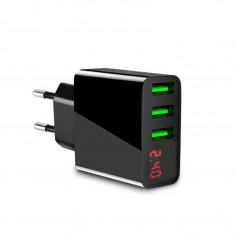 Incarcator Priza cu 3xUSB, Quick Charge, ecran LCD cu voltmetru, 3A, negru foto