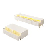 Set mobilier LED modern, comodă TV cu 4 uși &amp; masă de cafea cu 2 sertare, 178x35x45+110x50x40 cm, Alb