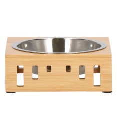 Castron inox, bol, pentru caine sau pisica, cu suport din bambus, 15cm Household NewTrend
