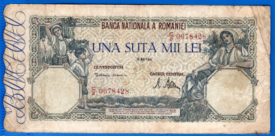 (47) BANCNOTA ROMANIA - 100.000 LEI 1946 (28 MAI 1946), FILIGRAN ORIZONTAL foto