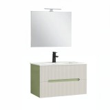 Set Mobilier Baie Leziter Trent 80 cm, Ceramica, Oglinda, 2 Sertare Soft-Close, Verde Alb, Suspendat