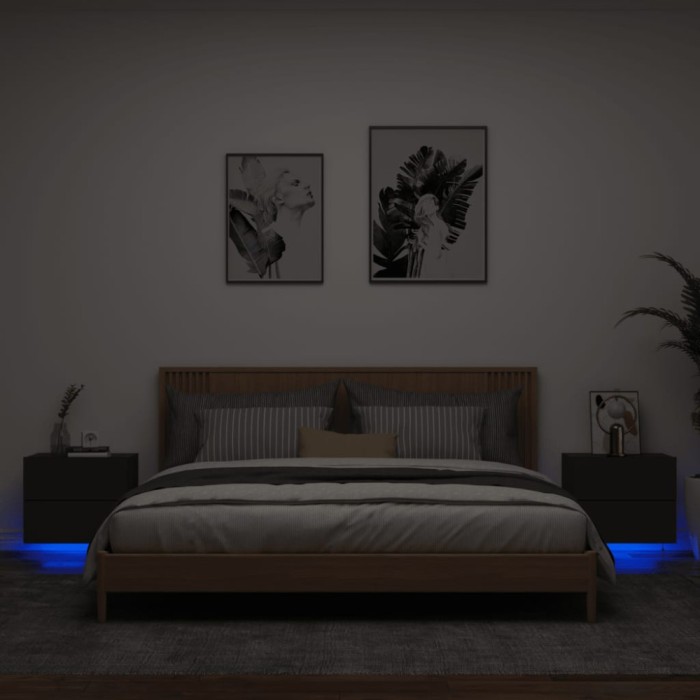 vidaXL Noptiere montate pe perete cu lumini LED, 2 buc., negru 836815