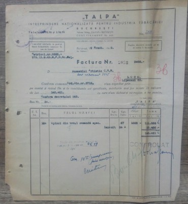 Document Talpa, Intreprindere Nationalizata pt Industria Tabacariei/ 1949 foto