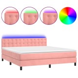 Cumpara ieftin Pat cu arcuri, saltea si LED, roz, 160x200 cm, catifea
