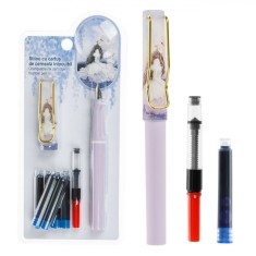Set Stilou, Model Față, Culoare Lila și Mov, 6 Rezerve Cerneală Albastră