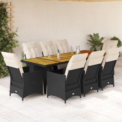 vidaXL Set bistro de grădină, 9 piese, cu perne, negru, poliratan foto