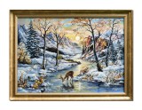 Cumpara ieftin Tablou peisaj de iarna cu cerb pictat manual inramat, 80x60cm ulei pe panza, Stefan Bilibou, rama din lemn, certificat de autenticitate