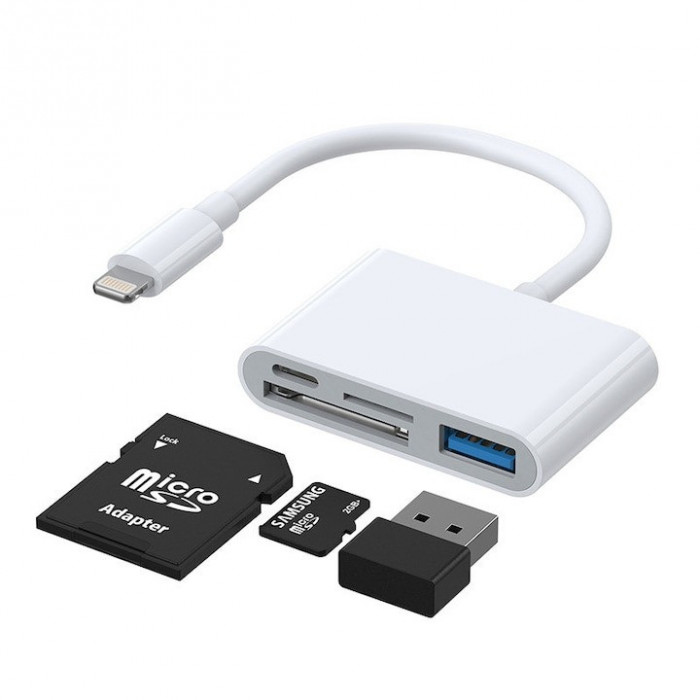 Adaptor multifunctional 4 in 1, cititor de carduri, compatibil iphone, USB, - Alb