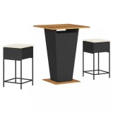 Set mobilier bar de gradina cu perne, 3 piese, negru, poliratan