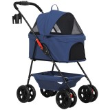 PawHut Cărucior pentru Animale de Companie 3 &icirc;n 1 cu 4 Roți și Geantă de Transport Detașabilă, 76x50x102 cm, Albastru | Aosom Romania