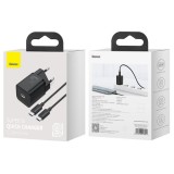 Incarcator Baseus Type-C + Cablu Type-C la Type-C, PD QC3.0, 3A, 25W, TZCCSUP-L01, Negru