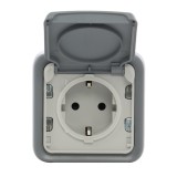 Priza schuko simpla Legrand Plexo 069733, aparenta, cu rama, cu capac, contact de protectie, gri