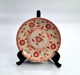 farfurie portelan B&aacute;t Tr&agrave;ng ceramica traditionala Vietnam 25 cm diametru crizanteme rosii + arabescuri vintage anii 1970s rosu galben verde