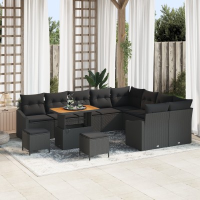 Set de canapea pentru gradina Gossi cu 12 piese si perne negru ratan polimeric acacia, set de dining pentru gradina Gossi cu 3 piese si perne negru ra foto