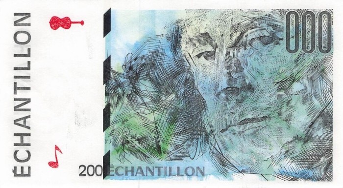 Bancnota Franta 200 Echantillon M.Ravel - UNC ( test cu dimensiuni 200 franci 1995 - vezi descriere )