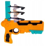 Cumpara ieftin Lansator avioane portocaliu 25 x 6 x 18 cm, pistol jucarie cu 4 avioane EPP, sistem mecanic de lansare, fara baterii, pentru copii 3+ ani, joc activ d