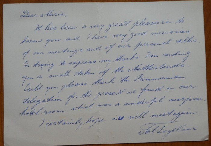 Text olograf catre Maria Groza scris de o personalitate ONU, anii 70