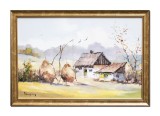 Tablou pictat manual inramat, Casa taraneasca, capite de fan, fantana cu cumpana la Falticeni, 65x45cm ulei pe panza, rama din lemn, Geo Ungureanu