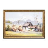 Tablou pictat manual inramat, Casa taraneasca, capite de fan, fantana cu cumpana la Falticeni, 65x45cm ulei pe panza, rama din lemn, Geo Ungureanu