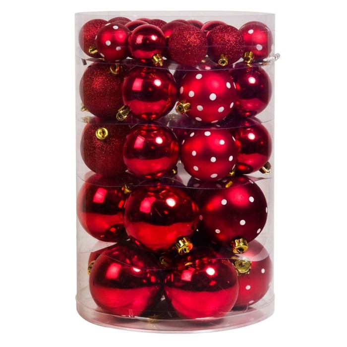 Set 44 de globuri pentru brad, dimensiuni asortate, rosu