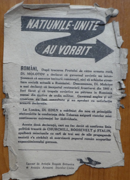 Manifest lansat de Aviatia Regala Britanica si Aviatia Statelor Unite in 1944 peste Romania: Natiunile Unite au vorbit