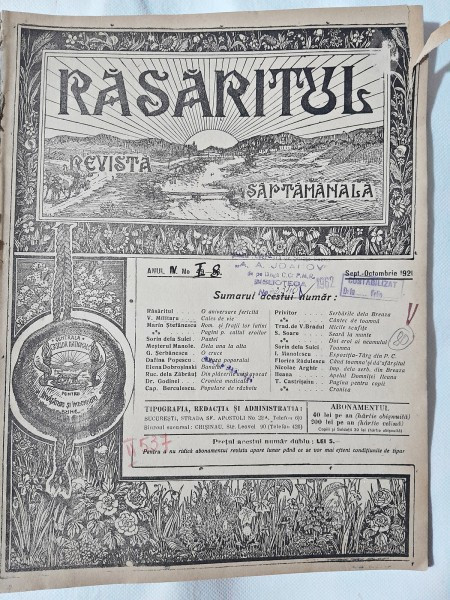 Revista Rasaritul, anul IV, nr.1-8/1921 (din cuprins, versuri de V.Militaru)