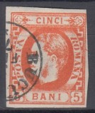 ROMANIA 1869 LP 25 REGELE CAROL I CU FAVORITI 5 BANI PORTOCALIU ROSCAT STAMPILAT BUCURESTI