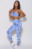 Set Fitness Dama Albastru cu Imprimeu: Bustiera Buretat Colanti Talie Inalta, Bretele X. Sport, Yoga, Pilates. Marimi: L, M/L