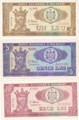 Bancnota Moldova 1, 5 si 10 Lei 1992 - P5-7 UNC ( set complet 3 bancnote ) foto