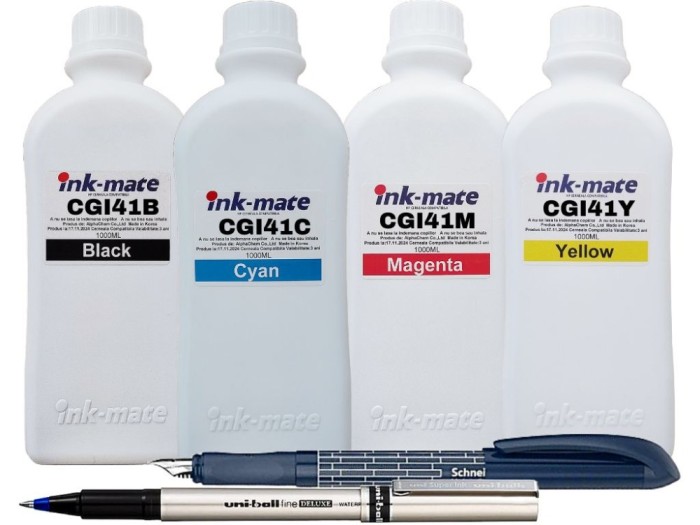 Set Flacone Cerneala Ink-Mate Compatibil Canon GI41, 1x1000ml Black, 1x1000ml/Cyan/Magenta/Yellow Stilou Schneider si Roller DeLux