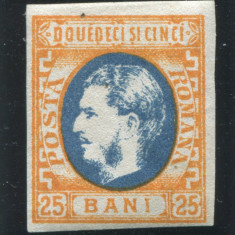 1869 , Lp 28 , Carol I 25 Bani portocaliu / albastru - nestampilat MVLH