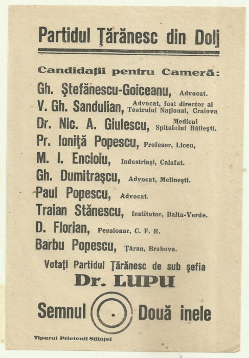 Afis electoral PARTIDUL TARANESC DR.N.LUPU - anii 1930