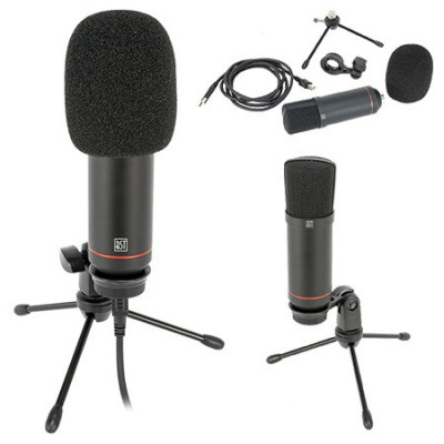Microfon pentru streaming si podcast, USB, suport masa, dispozitiv antisoc, filtru antipop, accesorii incluse foto
