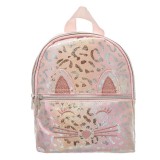 Ghiozdan Copii Pisica Roz Holografic Leopard Folie 3D Urechi cu Glitter 20x7x24cm, Oem