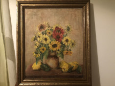 Tablou vechi german,pictura in ulei pe panza,vaza cu flori,rama din le foto