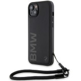 Husa BMW iPhone 15 Signature Leather Wordmark Cord, negru mat, BMHCP15S23RMRLK