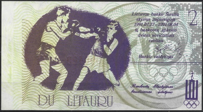 !!! RARR : LITUANIA , COMITETUL OLIMPIC - 2 LITAURU 1991 - UNC / CEA DIN SCAN