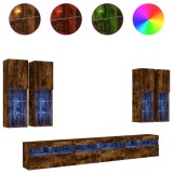 Cumpara ieftin Comode TV de perete cu lumini LED, 7 piese, stejar fumuriu