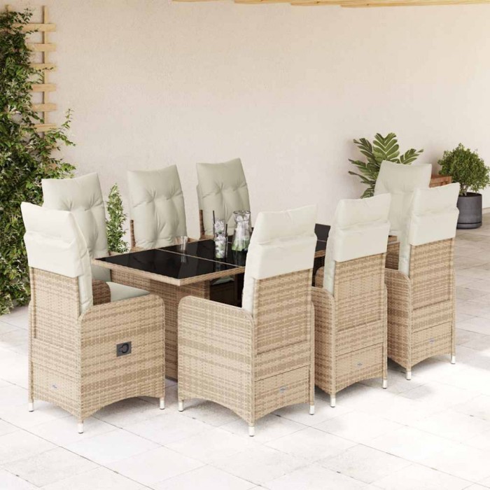 Set bistro de grădină, 9 piese, cu perne, bej, poliratan