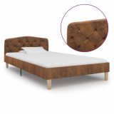 Cadru de pat, maro, 90x200 cm, piele &icirc;ntoarsă ecologică, Cires, Dublu, Cu polite semirotunde, vidaXL