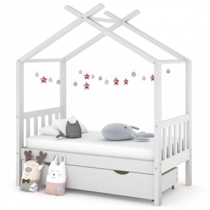 Cadru pat de copii cu un sertar, alb, 70x140 cm, lemn masiv pin GartenMobel Dekor