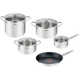 Set 9 piese Tefal Cook Eat, inductie, cratita de 16 cm, oala de 20/22/24 cm, tigaie de 28 cm, 4 capace de sticla, invelis antiaderent Titanium, indica