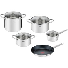 Set 9 piese Tefal Cook Eat, inductie, cratita de 16 cm, oala de 20/22/24 cm, tigaie de 28 cm, 4 capace de sticla, invelis antiaderent Titanium, indica