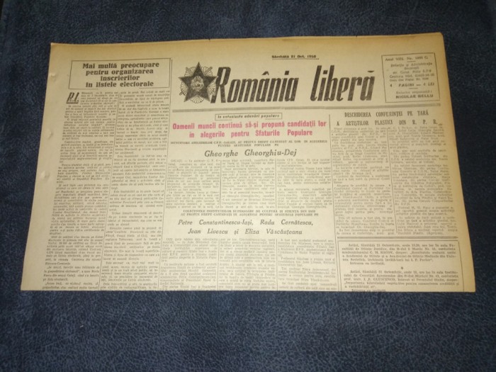 ZIARUL ROMANIA LIBERA 21 OCTOMBRIE 1950 ARLUS