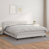 VidaXL Pat box spring cu saltea, alb, 180x200 cm, piele ecologică