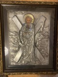 Icoana veche ortodoxa greceasca ferecatura de metal Sf. Andrei / Andreas