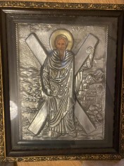 Icoana veche ortodoxa greceasca ferecatura de metal Sf. Andrei / Andreas