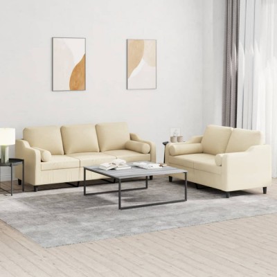 vidaXL Set de canapele cu perne, 2 piese, crem, material textil foto