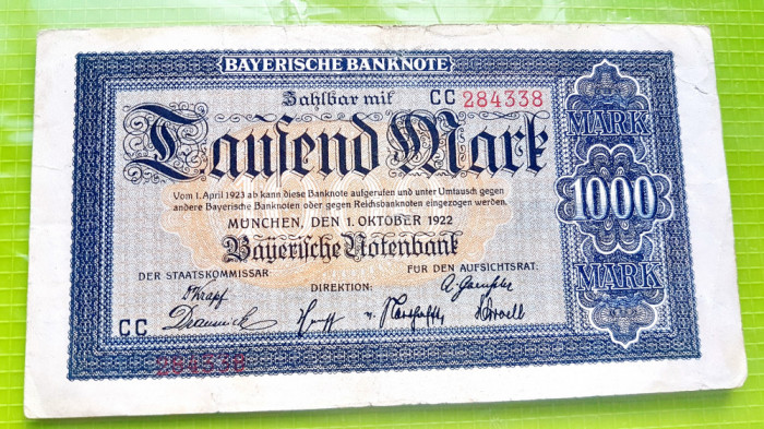 E565-I-BANCNOTA VECHE 1000 MARCI 1922 BANCA BAYERN GERMANIA GRAFICA FRUMOASA.